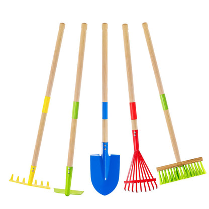 Theefun Kids Garden Tool Set: Safe Toddler Size Hoe, Rake, Shovel, Leaf Rake, Broom 5-Piece Kids Gardening Tools with Wooden Handle and Metal Head for Child Christmas Outdoor Toys Gift for Boys Girls