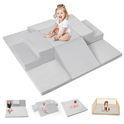 Rinnebbit 6-Piece Foam Climbing Blocks for Toddlers, Climb and Crawl Soft Foam Play Set with 47x47 Inch Baby Play Mat for Floor, Machine Washable Cover, Soft Climbing Toys for Toddlers 1-3 (Gray)