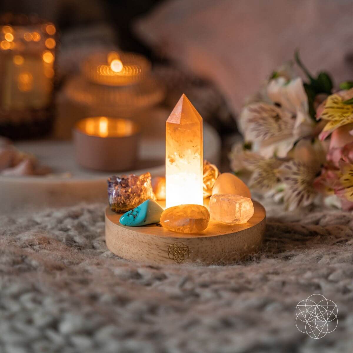 Conscious Items Divine Feminine Crystal Lamp with Rose Quartz, Amethyst, Citrine, & More, Crystal Light with Wooden Base for Healing, Abundance, & Inner Power, USB Night Light for Bedroom & Office