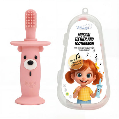 KLOUDYS Vibrating Baby Teether & Toothbrush l Teething Relief & Bone Conduction Music l Soft BPA-Free Silicone Baby teethers, Oral Sensory chew Toys for Kids & Babies,Teething Toys 9-24 Months, Pink