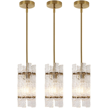 Modern Crystal Pendant Light for Kitchen Island, Gold Luxury Mini Water Ripple Glass Chandelier Lights Fixture, Modern square Adjustable Hanging Pendant Lighting for Dining Room Bedroom (3-Pack)