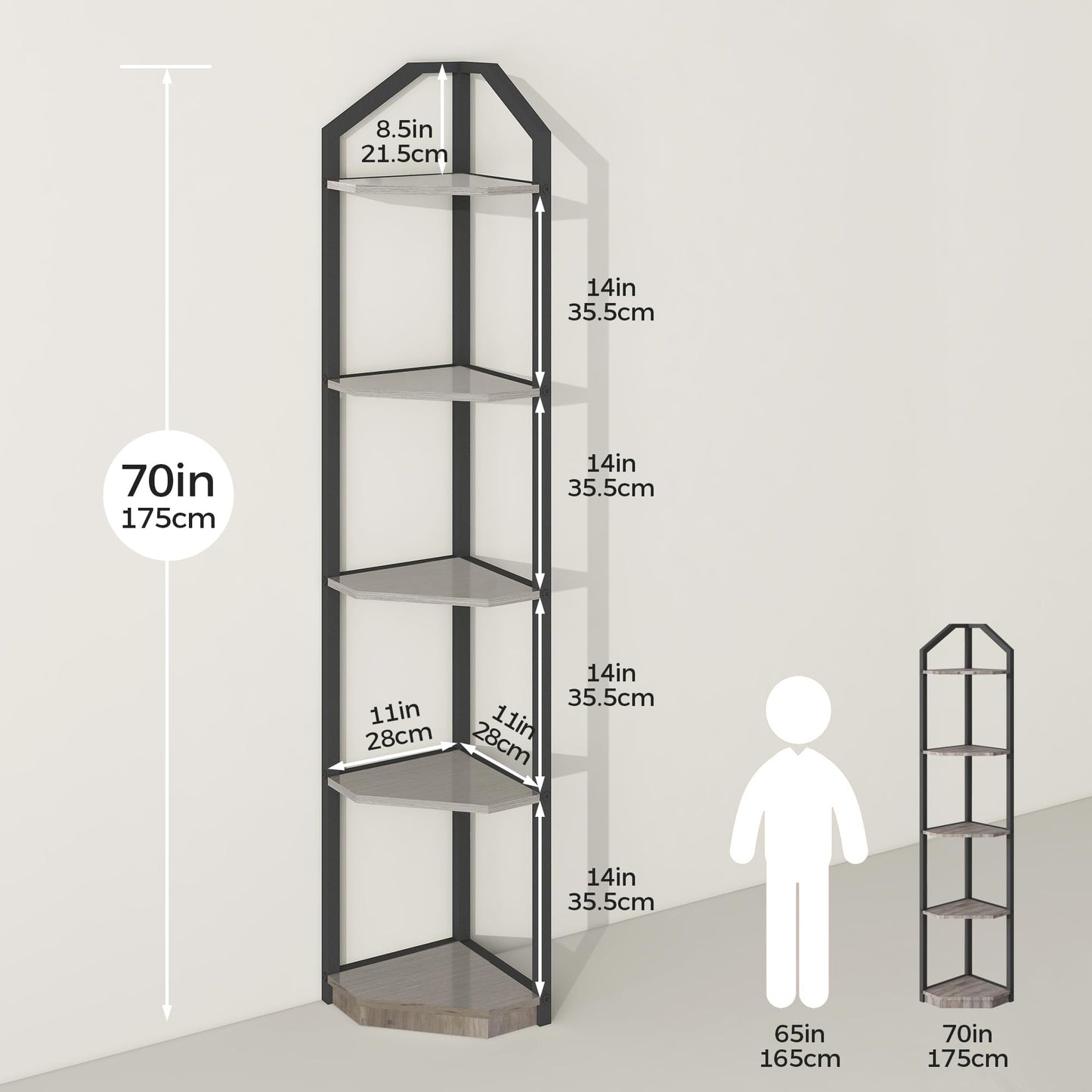 Fun Memories 5 Tier Corner Shelf, 70” Corner Shelf Stand, Corner Bookshelf Plant Stand, Storage Shelf for Bathroom, Living Room, Kitchen,Grey Home Office, Grey