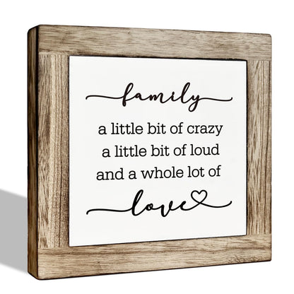 Rustic Family Wood Block Plaque Box Sign, Housewarming Gifts for New Home House, Farmhouse Square Desk Decor Sign for Home Living Room Bedroom-Family A Little Bit of Crazy
