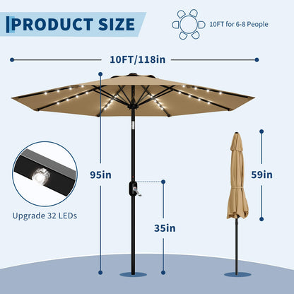 Garvee 10 FT Patio Umbrella with Solar Lights, Outdoor Table Umbrella with 8 Durable Ribs, Tilt & Crank Mechanism, Waterproof & UV Protection for Garden, Backyard, Poolside, Tan