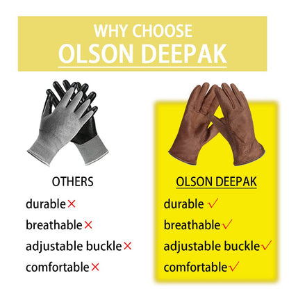 OLSON DEEPAK Waterproof Leather Work Gloves for Men&Women,Brown Cowhide Thornproof Garden work Gloves,Water Resistant windproof Gloves,Medium