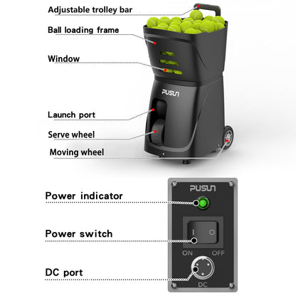 PUSUN PT-Smart Tennis Ball Machine with APP, Remote & for Apple Watch Control, 12 Training Modes, 20 Landing Points, 12–75 MPH Speed, 100+ Ball Capacity, Portable Tennis Ball Launcher