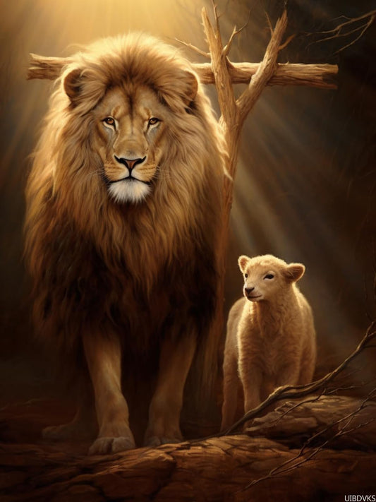 UIBDVKS Lion and Lamb of Judah Christian Cross Jesus Thorn and Crown Dove Vintage Religious Diamond Painting Kit for Adults for Home Decor 12x16 Inch