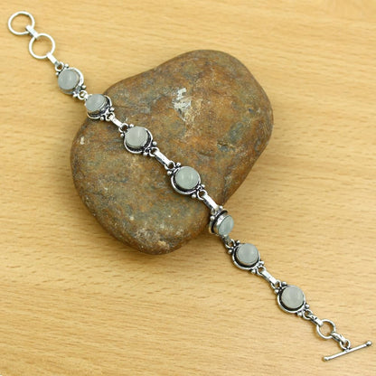 Natural Aquamarine 925 Silver Plated Round Gemstone Adjustable Bracelet for Women - March Birthstone Bohemian Vintage Style Handmade Jewelry Bracelet - Gift for Her