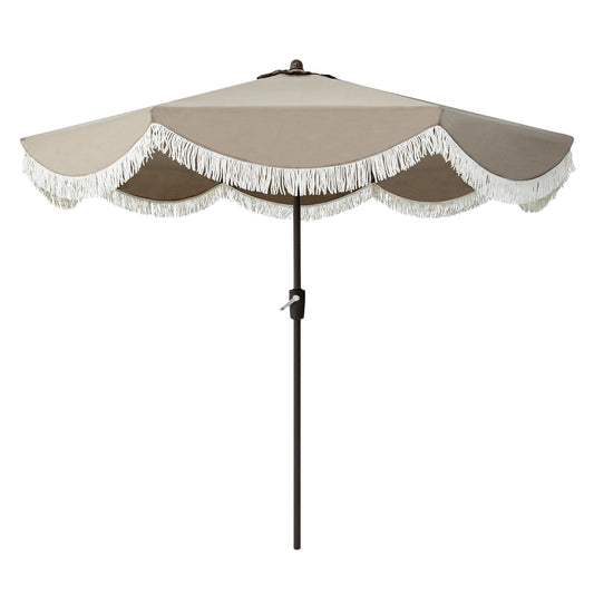 Tempera 9ft Auto Tilt Scalloped Patio Umbrellas with Fringe, Outdoor Table Umbrellas with Fade Resistant Canopy, 8 Sturdy Rids, Luxurious Vintage Umbrellas for Lawn, Pool, Deck, Balcony