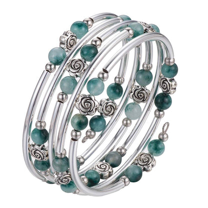 BULINLIN Wrap Bangle Rose Bead Bracelet - Beaded Bracelet with Natural Agate Stone Gifts For Women(01-Jade green)