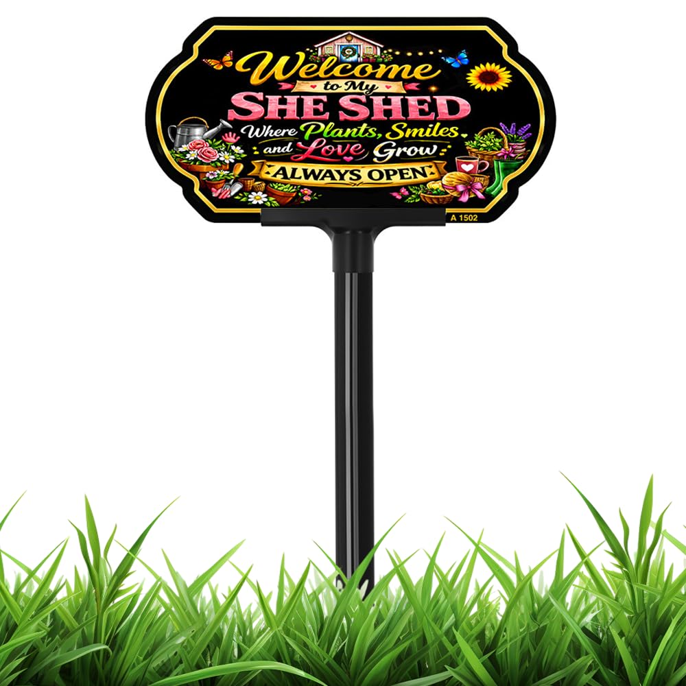 Welcome to My She Shed Garden Sign with Adjustable Stake, 10x5 Inch Aluminum Outdoor Yard Sign, Adjustable 24" & 37" Height, Weatherproof Outdoor Garden Decor for Outside, Gardening Gifts for Women