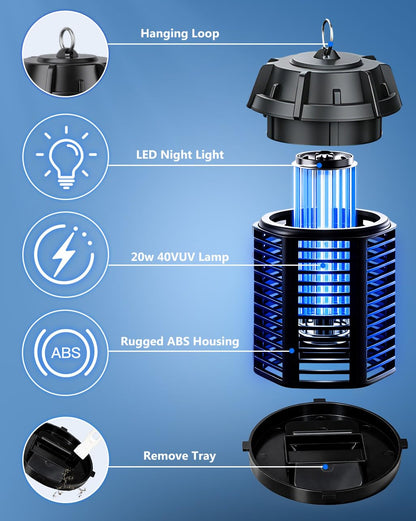 Bug Zapper Outdoor & Indoor 4200V Electric Mosquito Zapper - Waterproof Bug Repellent 365nm UV Light, 20W Fly Zapper for Home Patio Yard Camping, One-Button Easy Operation