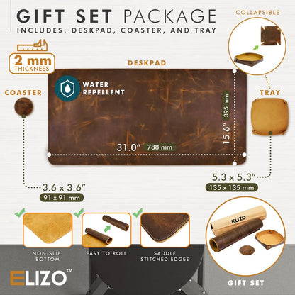 Elizo Real Leather Desk Mat Set (32x16) Large Desk Cover Desk Blotter Protector Computer Gaming Mouse Pad Table Laptop Office Desktop Accessories