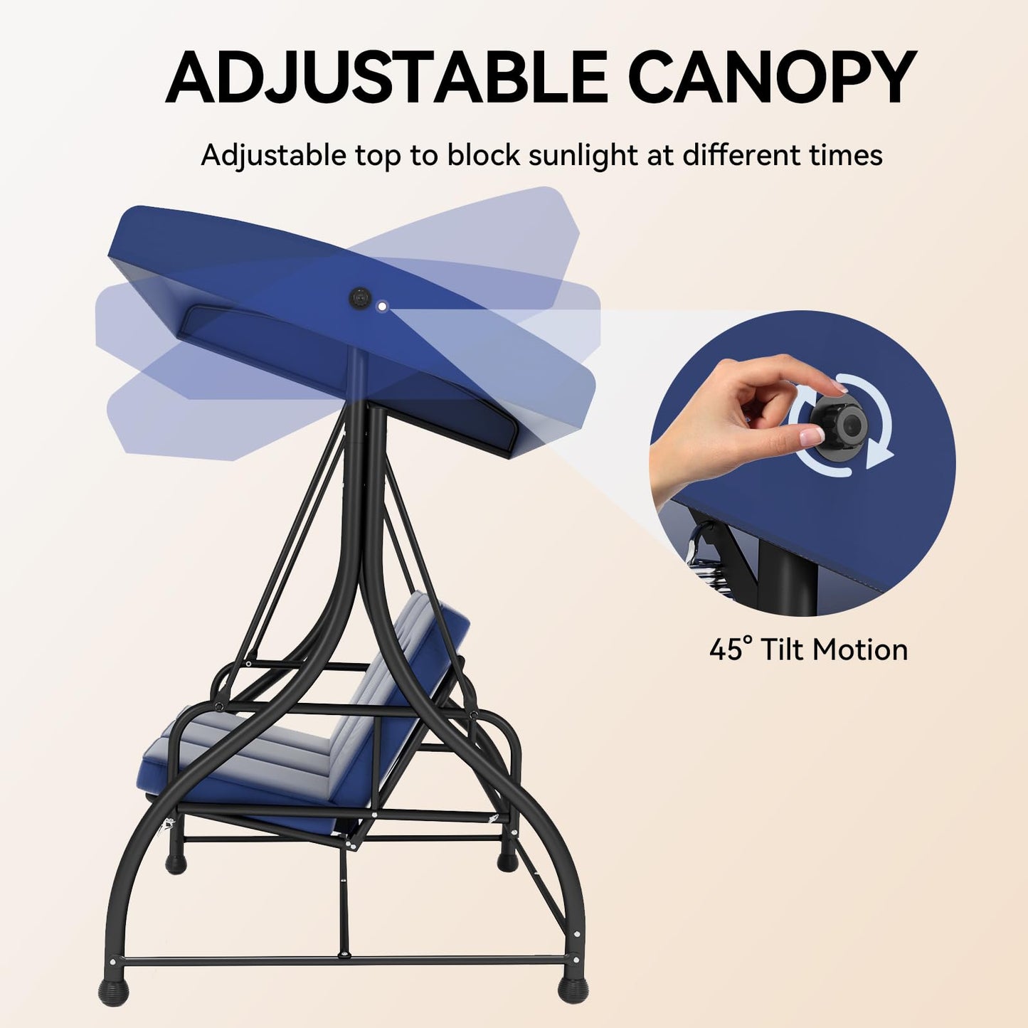 3-Seat Patio Swing Chair Outdoor Heavy Duty Steel Frame with Adjustable Canopy Removable Cushions - All Weather Porch Swings Glider for Backyard, Garden, Poolside - Blue