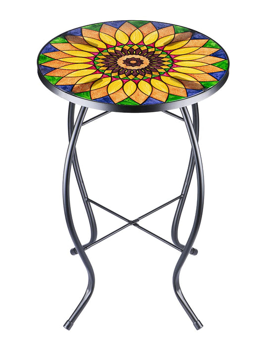 VCUTEKA Sunflower Outdoor Side Table, Mosaic Design, Small Glass Top, Round, Patio Side Table, Balcony Coffee Table, Indoor, 14 inches, Yellow