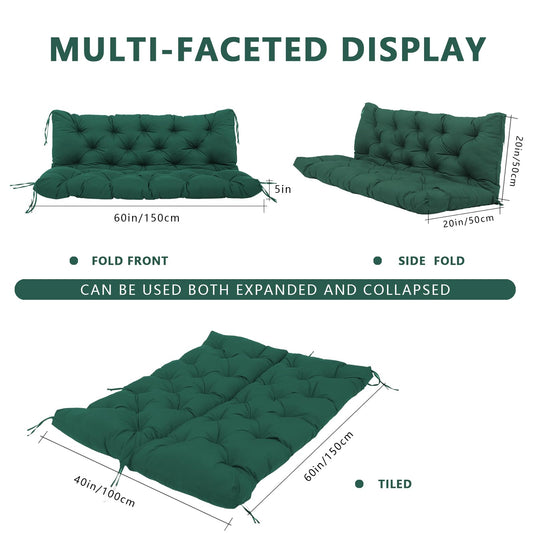 Durable Extra 5" Thick Outdoor Swing Cushions 3 Seater Waterproof Replacement Porch Swing Cushions with Backrest and Ties Fade-Resistant for Outdoor Patio Long Bench Furniture(Dark Green 60×40×5")