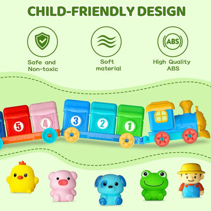Toddler Learning Toys for 2 3 Year Old-Counting Matching & Sorting Activity Montessori Train Toys with Farm Animals Finger Puppets Birthday Gift for Baby Boys Girls