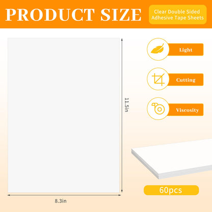 ISUSSER 60 Sheets A4 Size 8.3x11.5 Inch Clear Double Sided Adhesive Tape Sheets, Super Strong Sticky Tape, DIY Art, Craft, Home Decorative Tape with White Liner
