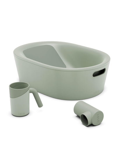 Lalo Bathtime Starter Kit - 3-Piece Set Includes Modern Baby Bathtub, Rinse Cup & Spout Cover - Safe, Easy to Clean Design for Newborns - 25.3 x 18 x 7.7 in, 10 lb - Sage