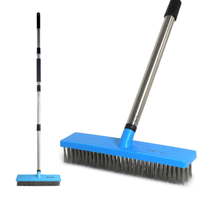 FRAXIR Stainless Steel Wire Broom Deck Scrubber Brush with 55” Adjustable Length Sturdy Long Handle, Stainless Steel Outdoor Broom for Cleaning Moss Concrete Floors Grout Gardens Patios