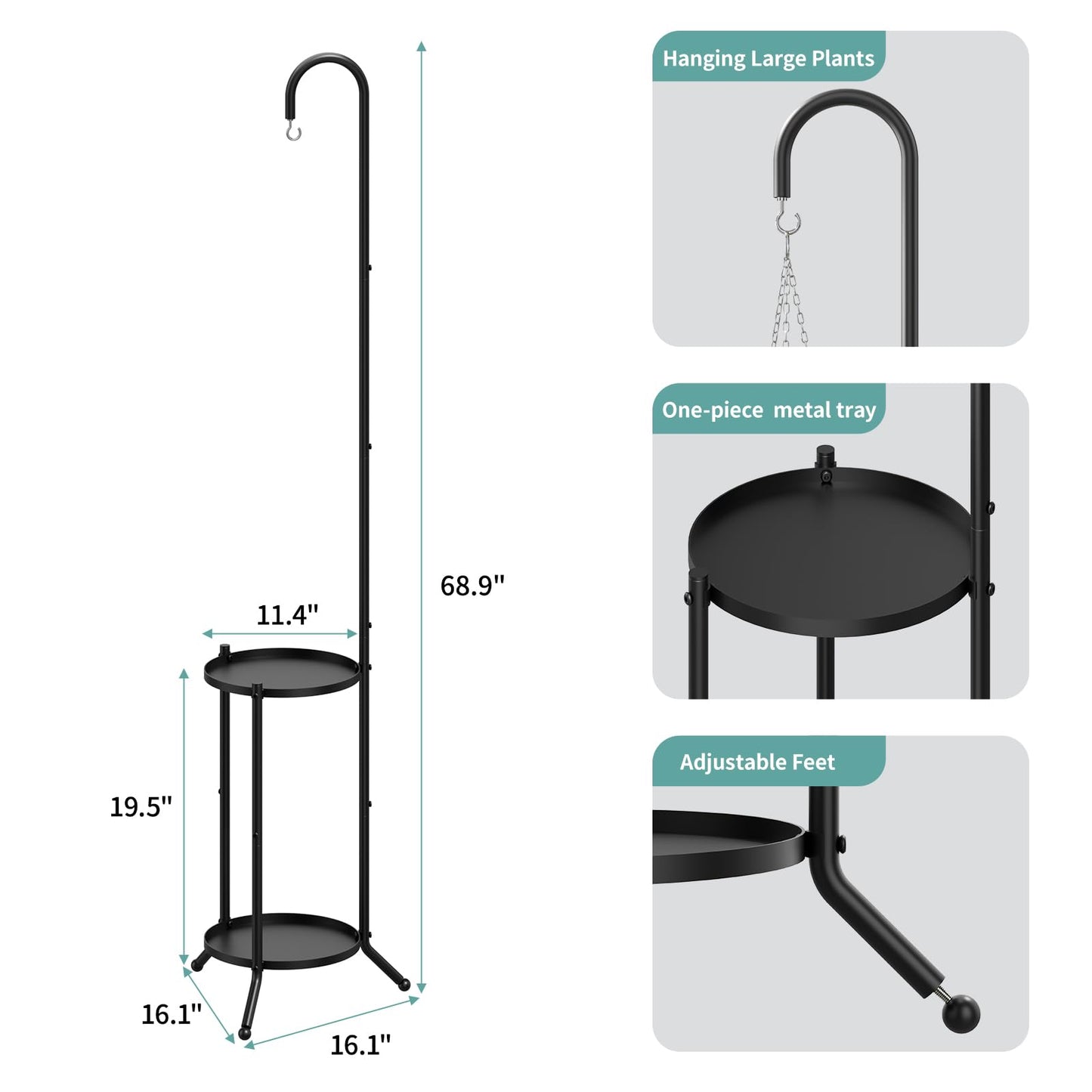 2-Tier Hanging Plant Stand, Black Heavy Duty Metal Planter Rack - Space Saving Indoor/Outdoor Shelves with 41" Hanging Space - Display Multiple Flower Pots, Tall Iron Plant Organizer for Living Room, Patio & Garden