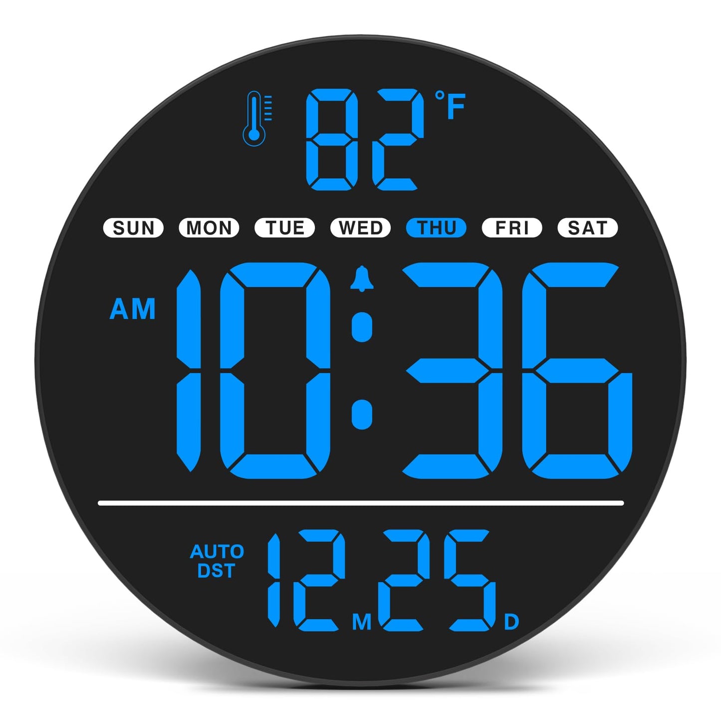 WallarGe Large Digital Wall Clock with LED Display, Electric Wall Clock with Temperature, Auto DST, Date, and Day, 5-Level Brightness for Office, Bedroom, Living Room, Classroom Décor