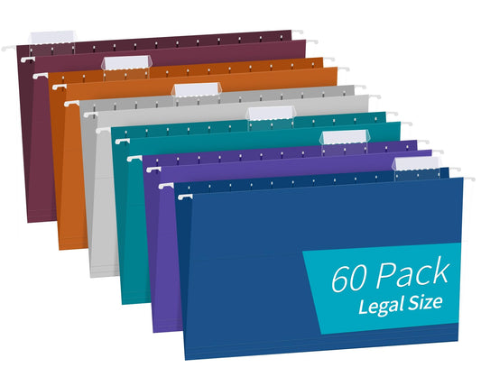 Hanging File Folders, RAZCC 60 Pack Reinforced Hanging Folders Legal Size, Designed for Bulky Files, Filing Cabinet, Adjustable Tabs, Assorted Colors