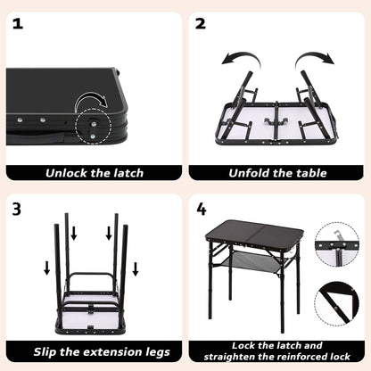YihuiKo Folding Picnic Table with Storage Net, Matte Black Aluminum Folding Table 23.6" x 15.8", Adjustable Height Max 27.5", Lightweight Portable for Camping Travel Grill Indoor