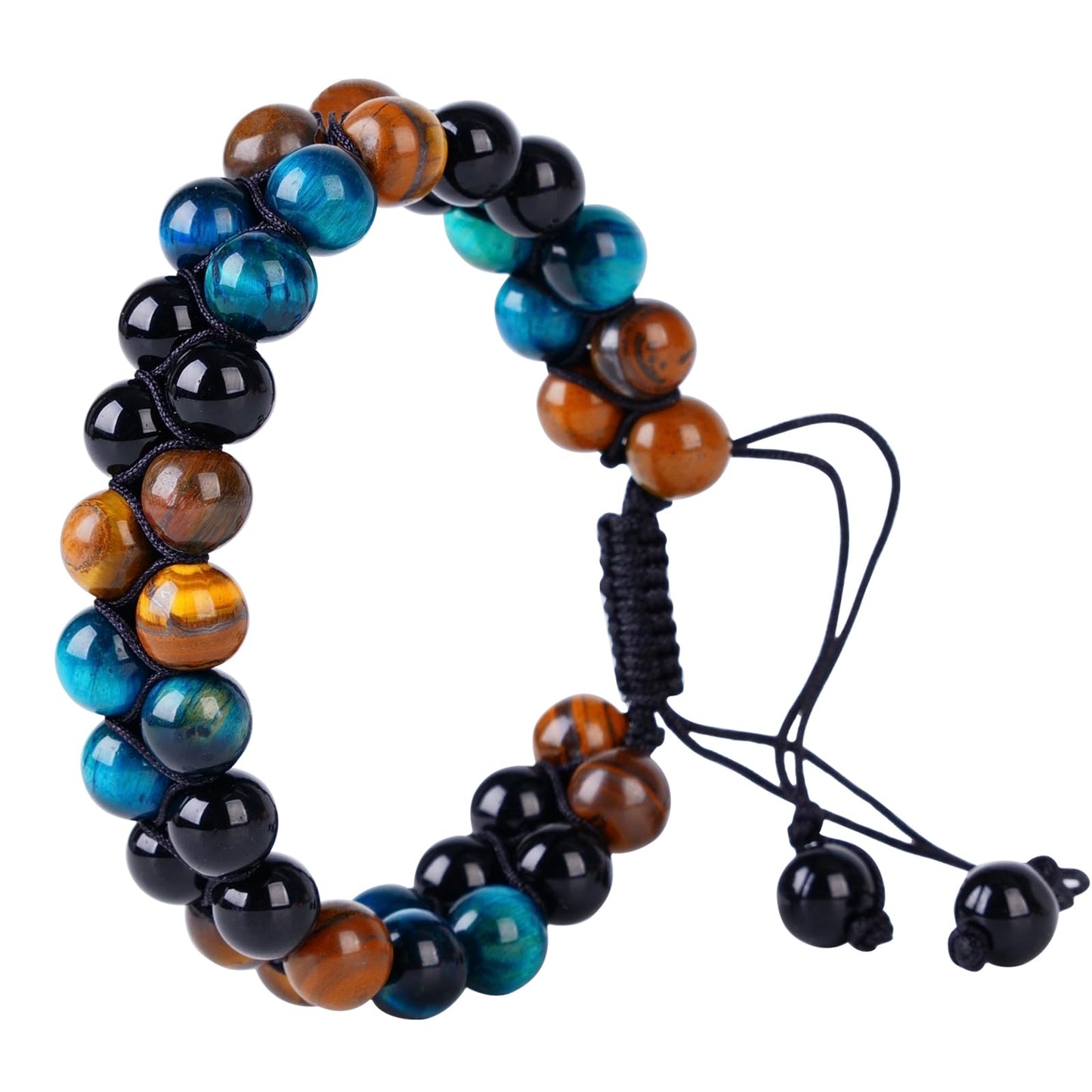 PAKUNDAS Handmade Triple Protection Bracelet,Bracelets for Men Natural Tiger Eye Jewelry Stone Hematite and Blue Stone Hematite 8mm Crystal Bracelet - Adjustable Size with Premium Gift-Box