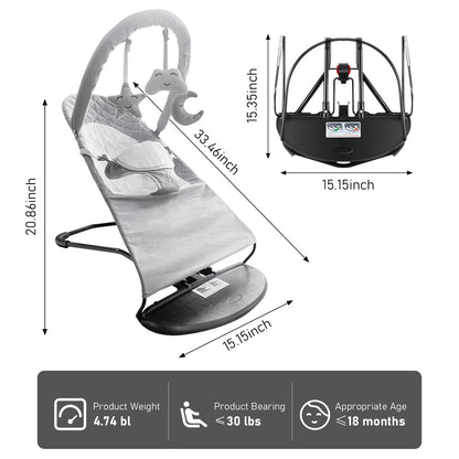 Portable Baby Bouncer Seat for Babies 0-18 Months, 100% Cotton Fabrics, Adjustable Multi Position Baby Bouncer Seat, Infant Rocker Chair with Hanging Toys-Light Grey