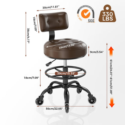 Office Drafting Chair with Footrest, Tall Height Adjustable Stool with Back Support, Heavy Duty Rolling Stool Chair with Wheels for Office Home Kitchen Bar Shop Guitar Studio Medical Vanity(Brown)