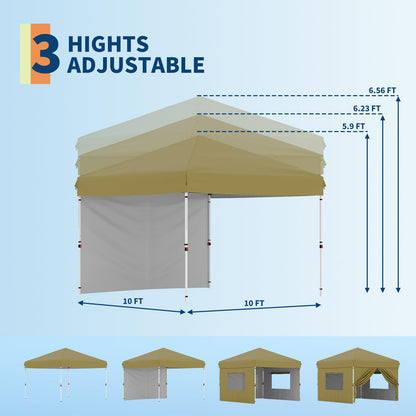 GarveeLife 10x10 Pop Up Canopy with One Sidewalls Easy Up Camping Tent with One Button Push Setup 1 Roller Bag 3 Adjustable Height 4 Weight Bags (Khaki)