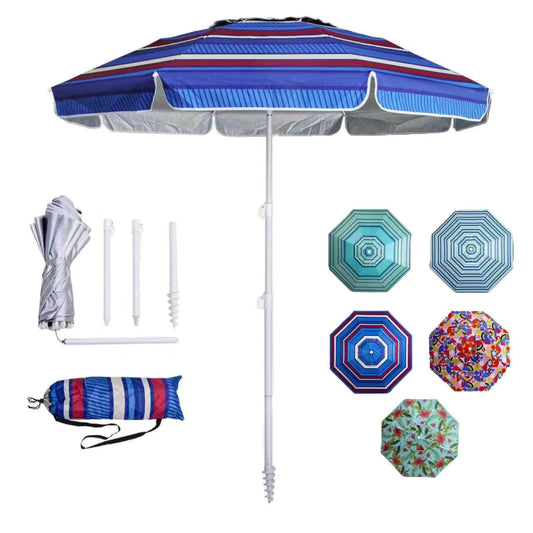 LOTTAFUN 6.5ft Beach Umbrella - Heavy Duty Wind Resistant UV 50+ Portable Sun Shade with Sand Anchor & Carry Bag, Outdoor Folding Umbrella for Beach, Pool, Patio, Garden (Blue color strip) No Tilt