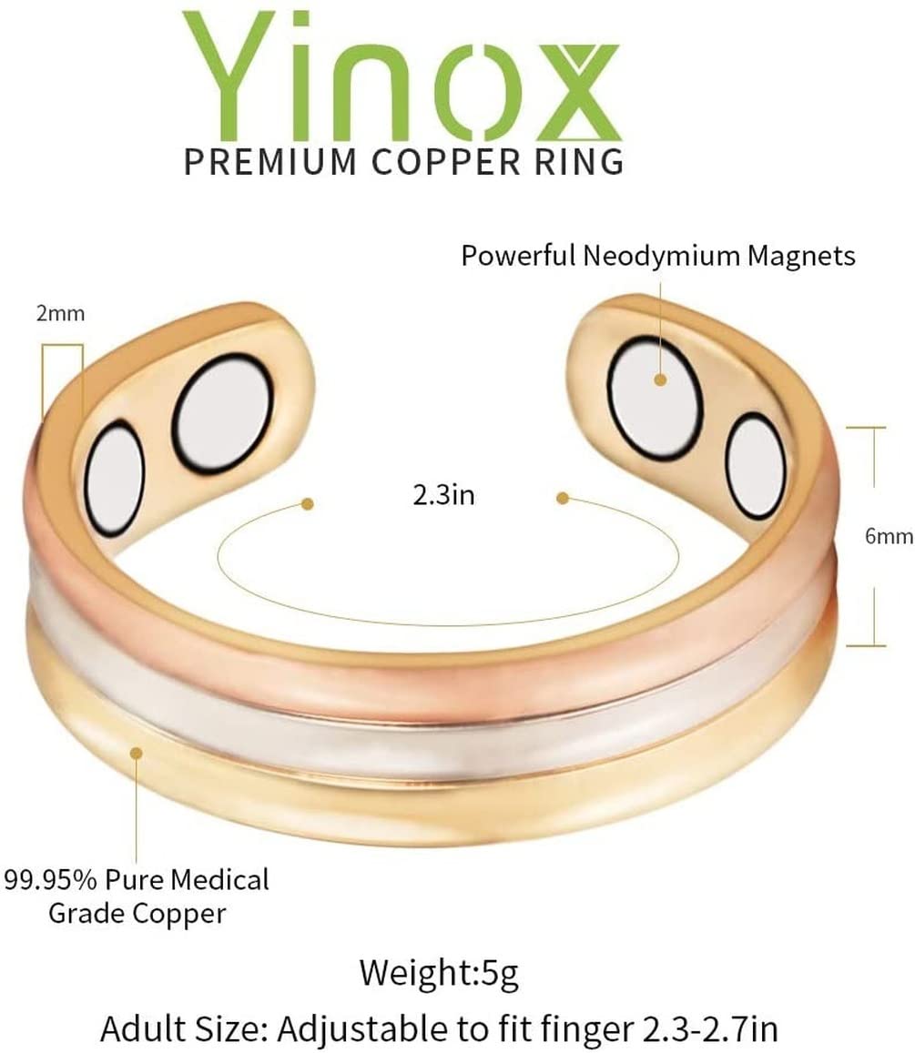 YINOX (CPB-0945SRG CPR-0013) Tri Tone Magnetic Copper Bracelet Ring Set for Arthritis for Women Health Jewelry