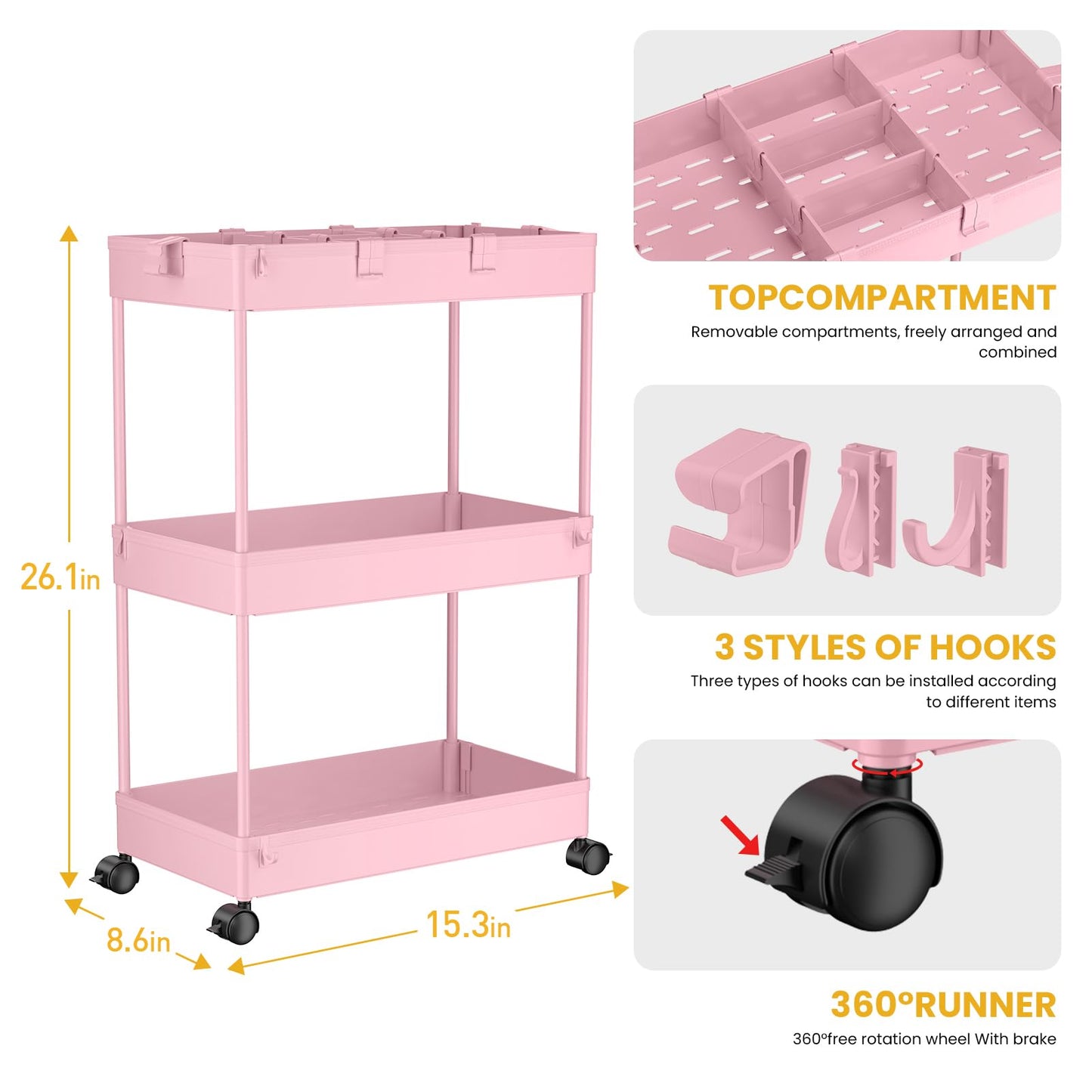 SPACELEAD 3 Tier Rolling Cart with Wheels, Storage Craft Art Trolley Organizer Serving, 3 Hanging Baskets Easy Assembly, for Office, Living Room, Kitchen, Pink