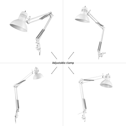 Globe Electric 52847 31.5 Inch Swing Arm Clamp-On White Desk Lamp with Nickel Accents, On/Off Rotary Switch, Book Reading Light, Home Essentials, Office Décor, LED Bulb Compatible