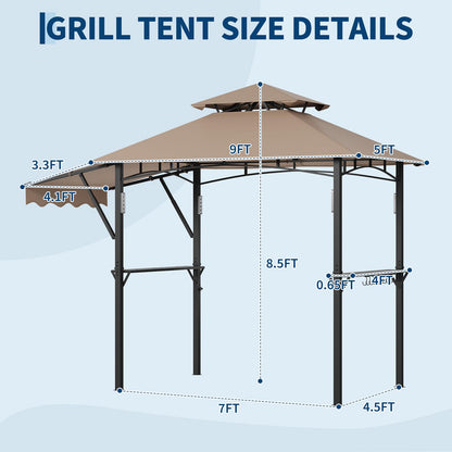 Garvee 8x5 ft Grill Gazebo with Side Awning, Double-Tier BBQ Canopy with 2 Side Shelves, 4 LED Lights,10 Hooks & Bottle Opener, Heavy-Duty Outdoor Grill Shelter for Patio, Backyard, Garden, Deck,Khaki