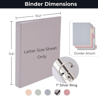 Y YOMA 1 Inch 3 Ring Binders with Dividers & Inside Pocket, Letter Size Cardboard Pastel Binders Organizer, Holds 225 Sheets Durable Aesthetic Design for School Office Home, Morandi Purple