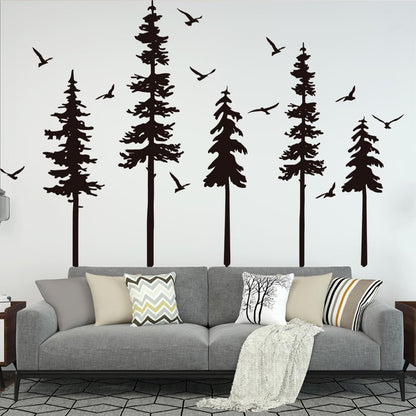 Large Pine Trees Wall Decals Black Forest Wall Stickers Christmas Decoration Wallpaper Woodland Animal Birds Mural Decals Peel and Stick Vinyl Wall Art Stickers for Bedroom