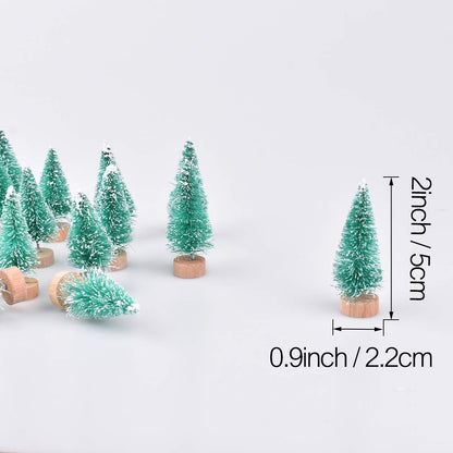 24 Pieces Artificial Mini Christmas Sisal Snow Frost Trees with Wood Base Bottle Brush Trees Plastic Winter Snow Ornaments Tabletop Trees for Christmas Party Home Decoration (Green)