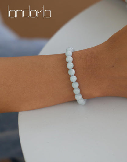 Landorilo Beaded Bracelet for Men Women, 6mm Natural Stone Aquamarine Healing Crystal Stretch Bracelets, Ideal Christmas Birthday Jewelry Gifts with Energy Card，Replacement Beads Included