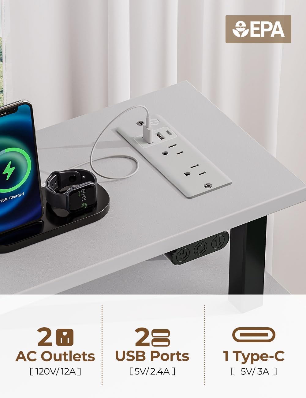 Rolanstar Computer Desk with Power Outlets & LED Light, 39 inch Home Office Desk with 3 Drawers and Storage Shelves, Writing Desk with Monitor Stand, Work Desk for Home Office,White