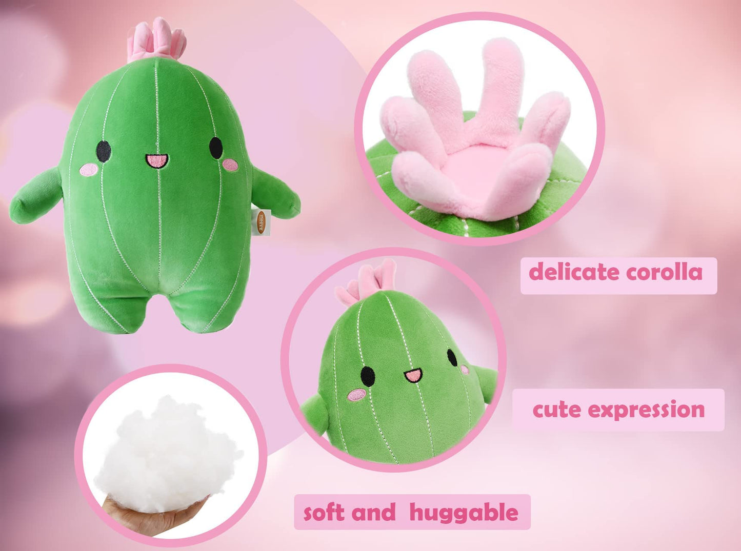 BABOLI Cuddly Cactus Stuffed Plant Pillow with Smile Face and Pink Antenna Honey Cacti Plush Soft Toy Pretty Sweet Mascot Gifts for Kids Girls and Boys Present for Birthday or Party 22.7 Inches