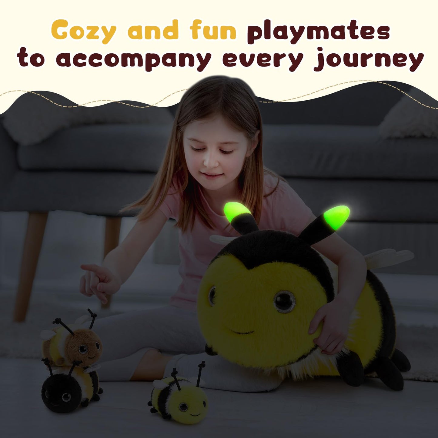 MorisMos 4Pcs Bee Stuffed Animal with Baby Inside 15 Inch, Luminous Mommy Stuffed Bee Plush Toy Set, Cute Bumblebee Surprise Toys Gift for Kids Girls Boys Birthday, Glow in The Dark