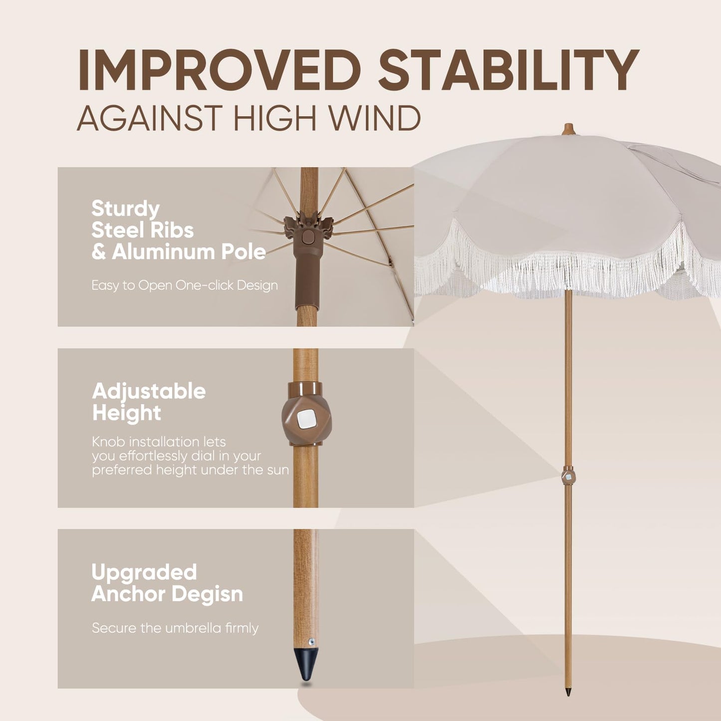 Tempera 7ft Outdoor Patio Umbrella with Carry Bag, Beach Umbrella with Fringe | Vintage Tassel Umbrella with Prime Steel Pole and Ribs Push Button Tilt, Ideal for Garden Lawn Poolside, UPF50+, Beige