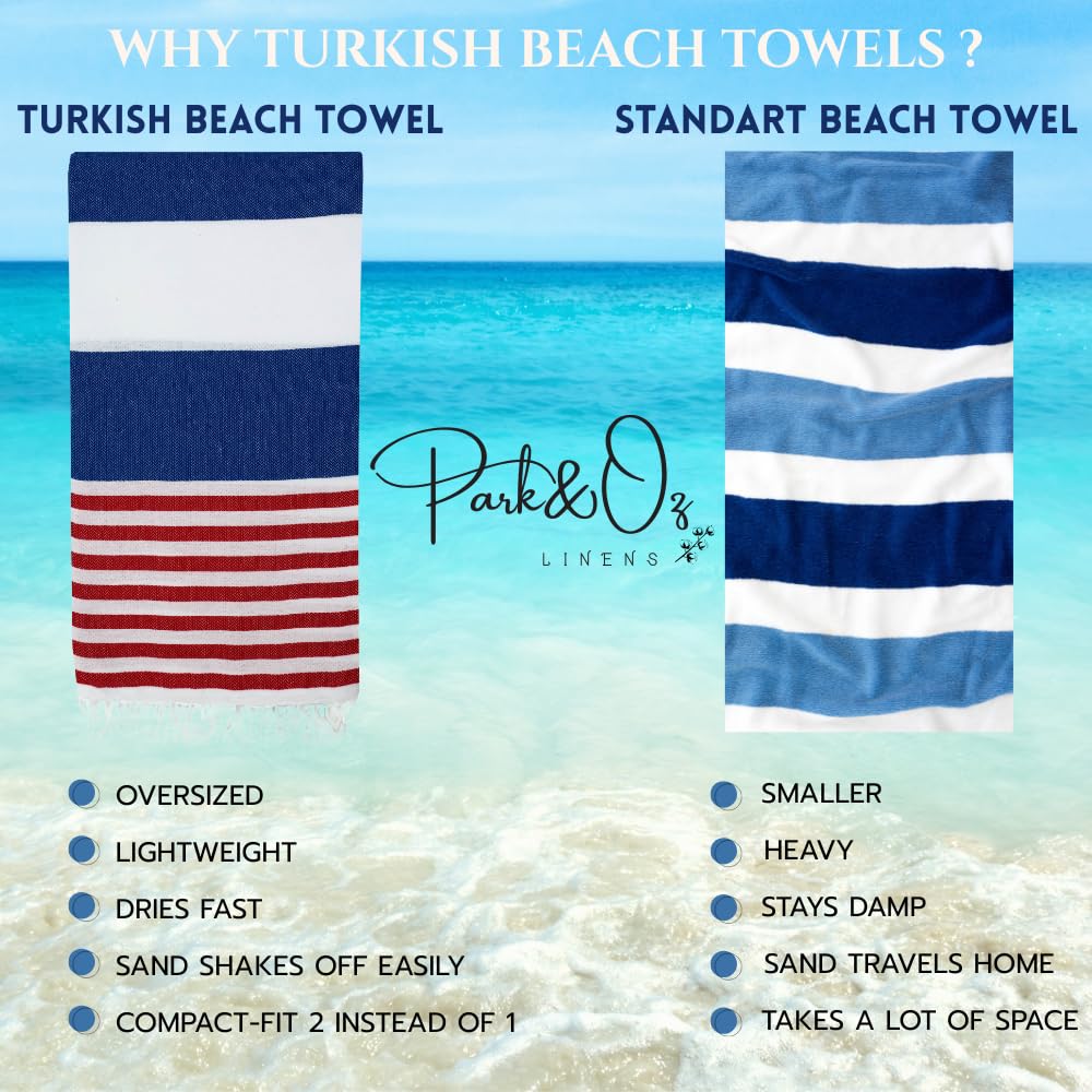 PARK&OZ Turkish Beach Towels 2-Pack – Oversized 100% Cotton Quick-Dry, Sand-Free& Ultra-Absorbent Blanket 72"x40" –Lightweight Travel Towels for Beach, Pool, Spa, Gym, Camping & Home (Pink)