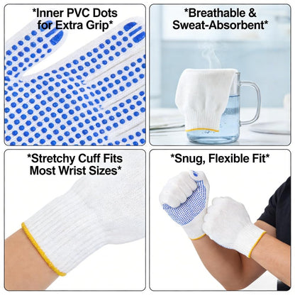 Qugzegx 12 Pairs Cotton Polyester Knitted Gloves, Grip Safety Work Gloves Anti-slip Dots Bulk Gloves For Painter Mechanic Warehouse Construction Men and Women, Medium Size