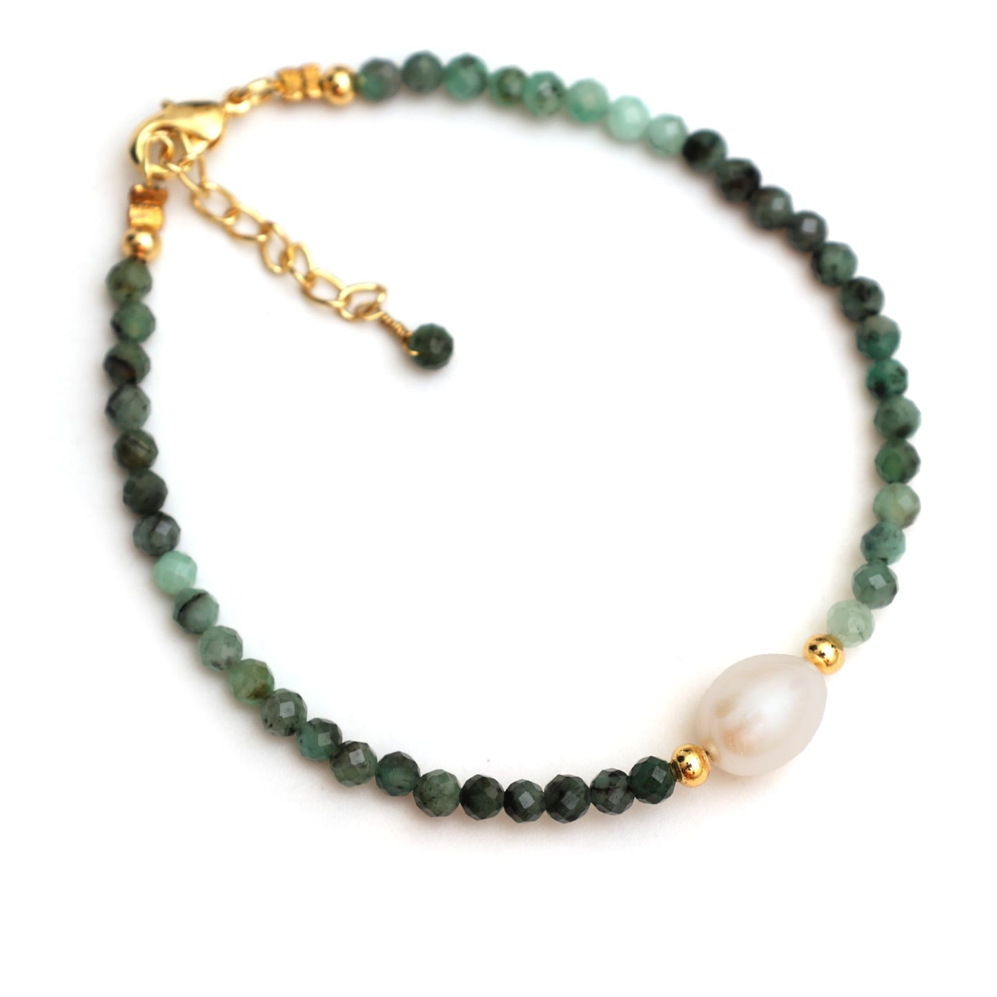 Gempires Emerald Beads with Freshwater Pearl Beaded Bracelet May Birthstone Jewelry Hypoallergenic Gold Plated 7.5 Inch Adjustable Chain Unique Everyday Wear Jewelry