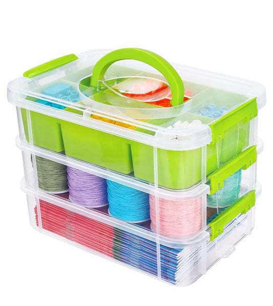 Eppingwin 3 Layers Craft Storage Box, Storage Bins with Lids, Plastic Storage Container Box with Removable Bin, Organizer for Tools, Beads, Sewing (Green)