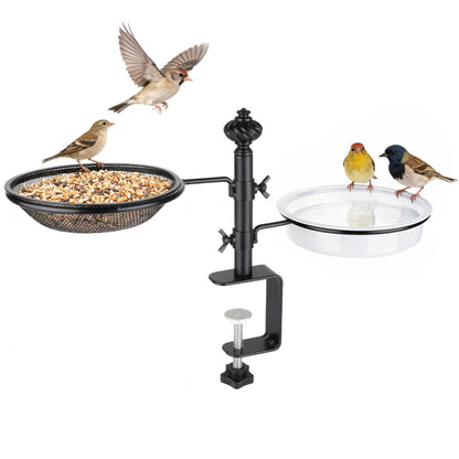 Deck Bird Feeders with Metal Tray and Water Bowl, BOLITE Balcony Bird Feeders Detachable Adjustable Heavy Duty Clamp Bracket, Attracting Birds, Black, Gifts for Women Men